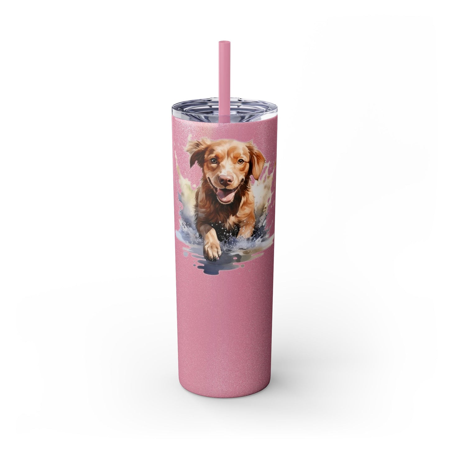 20 oz skinny tumbler with dog design, clear lid, and straw – stainless steel travel mug