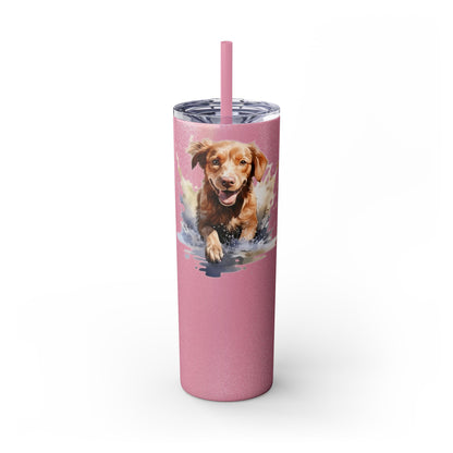 20 oz skinny tumbler with dog design, clear lid, and straw – stainless steel travel mug