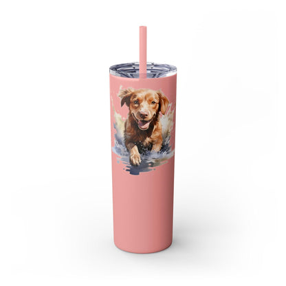 Insulated stainless steel skinny tumbler with straw – powder coated dog design
